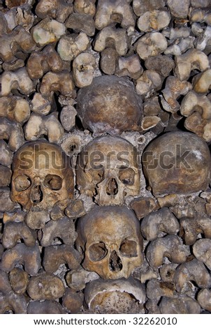 Skulls and bones piled in the Paris catacombs