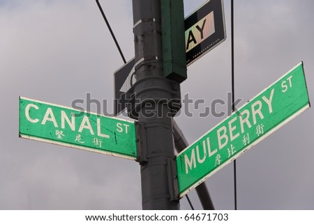 Street sign on Canal and Mulberry streets in New York\'s Chinatown