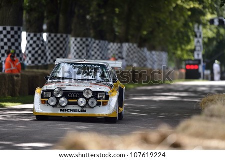 GOODWOOD, UK - JULY 1: The Audi Sport Quattro car drives up the Festival of Speed hill course at Goodwood, UK on July 1, 2012