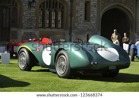 UNITED KINGDOM - SEPTEMBER 13: A classic Aston Martin on display at the United Kingdom Concours d\'elegance Classic Car Expo at Windsor Castle on September 13, 2012 in Windsor, United Kingdom.