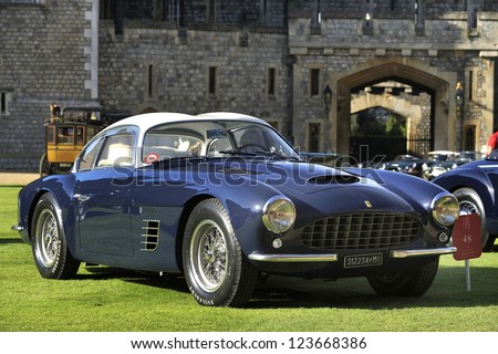 UNITED KINGDOM - SEPTEMBER 13: A classic Ferrari on display at the United Kingdom Concours d\'elegance Classic Car Expo at Windsor Castle on September 13, 2012 in Windsor, United Kingdom.