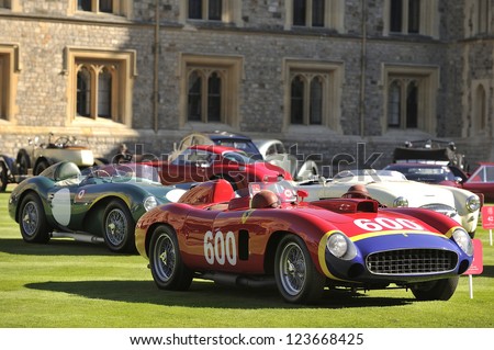 UNITED KINGDOM - SEPTEMBER 13: A classic Ferrari on display at the United Kingdom Concours d\'elegance Classic Car Expo at Windsor Castle on September 13, 2012 in Windsor, United Kingdom.