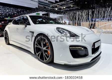 GENEVA, MAR 4: Porsche Panamera styled by Techart, displayed at the 84th International Motor Show International Motor Show in Geneva, Switzerland on March 4, 2014.