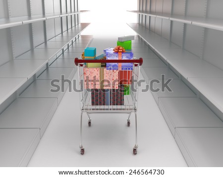 An  shopping cart with gifts boxes and end  empty shop shelves isolated on a white background