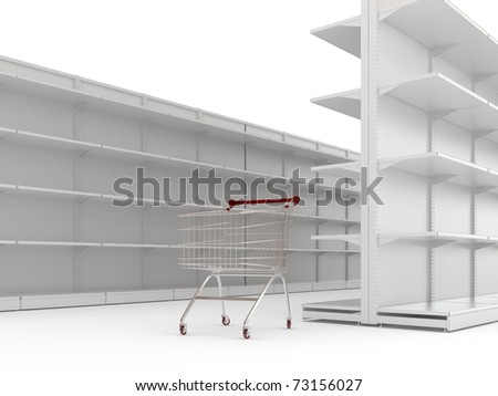 An empty shopping trolley cart and shop shelves isolated on a white background