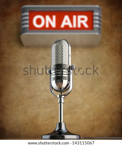 Retro microphone in the old studio with on air sign Retro microphone in the old studio with on air sign