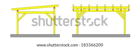 Two sketches yellow wooden pergolas with no covering - illustration