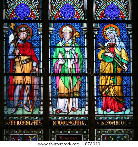 Three saints: Saint Wenceslaus, Czech patron; Saint Wolfgang, German patron and Saint Joanna