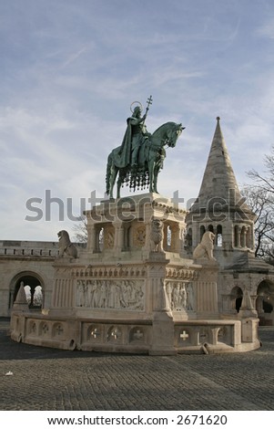 Statue of a Stephen I of Hungary inside of Fisherman\'s Bastion (Halaszbastya) in Budapest