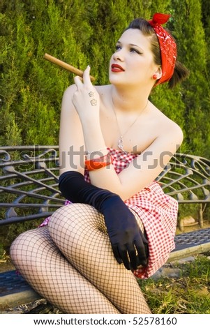 sexy pin up girl, with his cigar in his hand by letting time pass