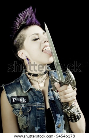 Punk girl licking her dragon dagger
