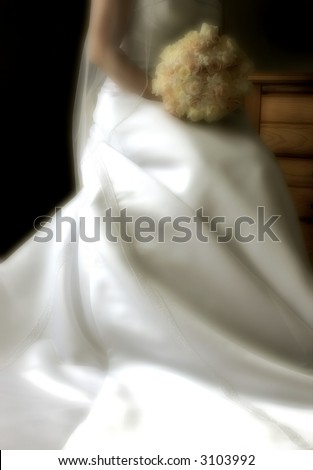 detail of bride\'s dress - gown with bride seated showing off train with special lighting effects and blurs to accentuate dreamy-like quality