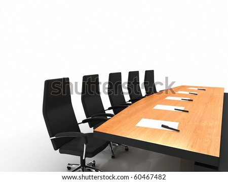 stock photo : conference table and chairs with papers and pens isolated on white background