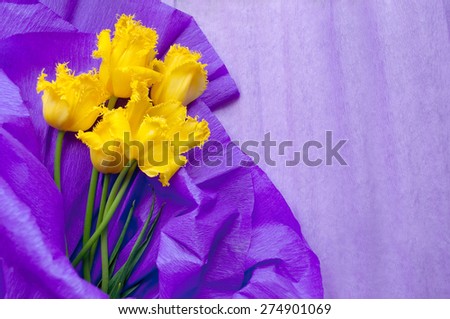 postcard with yellow flowers on violet paper