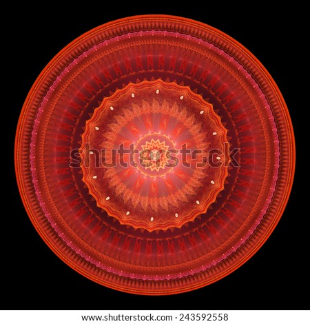 Abstract circle ornament. Red mandala on black