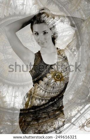 Beutiful young woman posing in double exposure with steampunk fractal