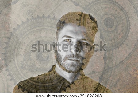 Man machine concept, double exposure of a young bearded man and steampunk fractal art