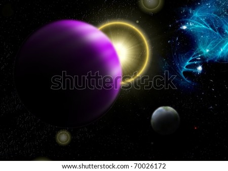 fantasy space with purple gas giant and small habitable moon