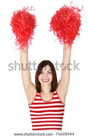 beauty cheerleader girl in red shaking pompoms over her head, isolated