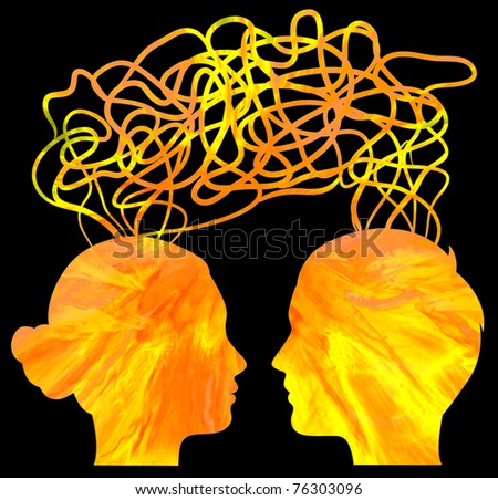 Abstract yellow silhouette of couple heads thinking, relationship concept