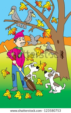 Man raking the leaves.Cartoon.