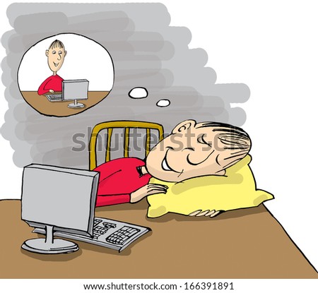 Man sleeping at work table but dreaming about work, cartoon