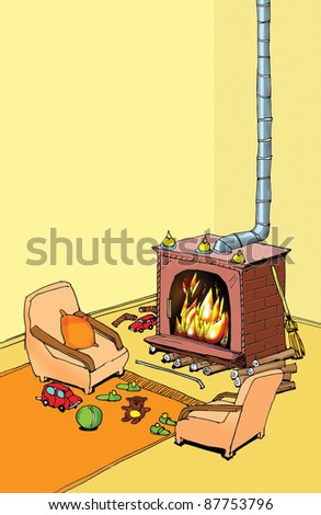 Living-room interior with fireplace, illustration
