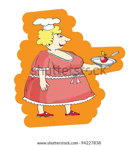 Elegant overweight woman on the walk, cartoon