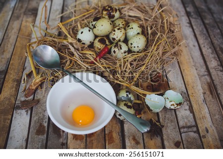 quail spotted eggs in a twig nest spoon, broken egg on a plate on brown background board