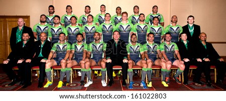 BRISTOL, UK - NOVEMBER 1 - The Cook Islands 2013 Rugby League World Cup Team pose for a team photo with their Coaches & Physios in a Bristol city centre hotel, Bristol, UK - November 1, 2013
