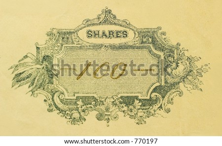 Macro shot of antique stock certificate for 100 shares
