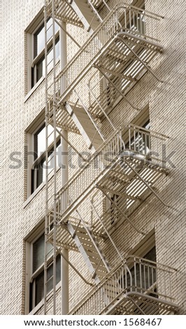 Photo of a fire escape on a historic brick building in downtown Portland.