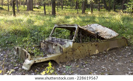abandoned off road truck sinking into forest floor