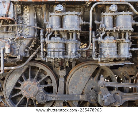 steam-punk style background detail of old steam train engine with rust and damage