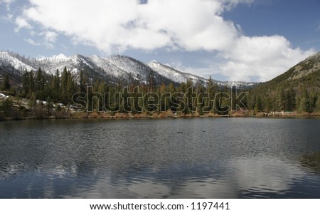 Snow topped mountains reflected in lake