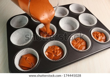 Pouring cake mix into pan. Making Chocolate Muffin.