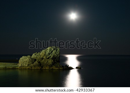 moon over sea and green rock