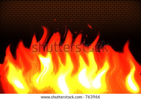 Computer generated brick wall with blazing flames in front of it showing the concept of the firewall