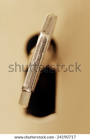 Key in a keyhole , close up retro style toned photo with space for your text