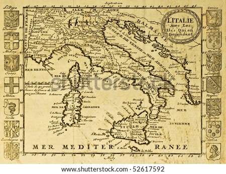 Map of Italy framed by territorial crests. May be dated to the beginning of XVIII sec.