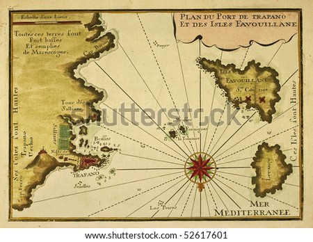 Sicily west end and aegadian islands in a French old map of 1730