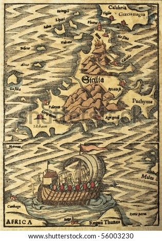 Sicily old map with old vessel illustration, may be dated to the XVII sec.