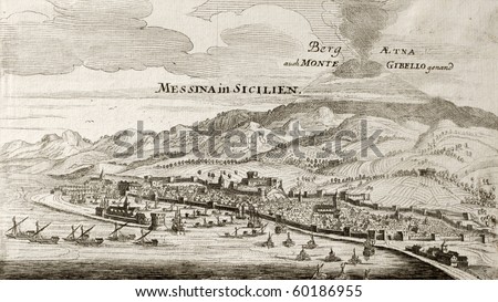 stock photo : Old map of Messina, Sicily, with Etna volcano in background.