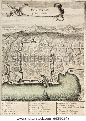 Old french engraved illustration showing Palermo, capital of Sicily, with 17 marks for places description. The original illustration was published on \
