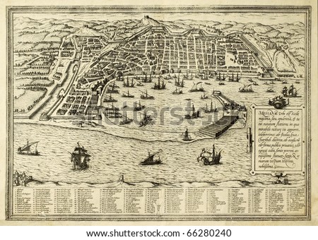Antique map of Messina the town of Sicily separated from Italy by the strait of the same name. The map can be approximately dated to the 17th c. and bears 167 numbered marks for places description