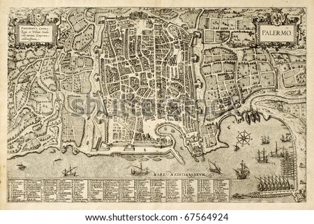 Antique map of Palermo, the main town in Sicily. The map can be dated to the 17th century and bears 162 numbered marks for places description