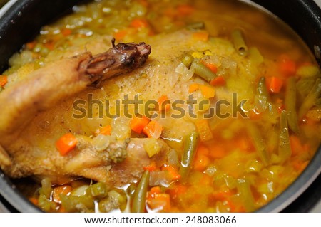 Chicken Soup; a bowl of soup with chicken and vegetables