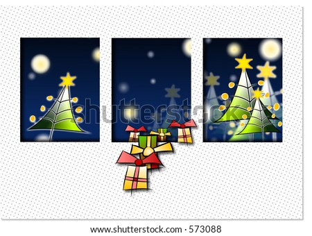Rasterized vector drawing of three windows with a view on Christmas-trees.