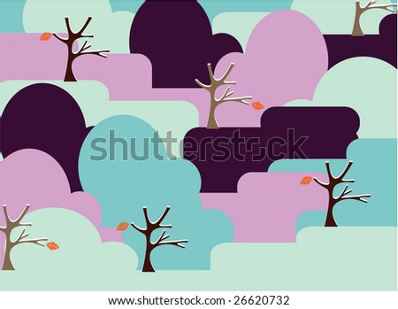 A vector illustration card design of a simple shape landscape with trees and leaves