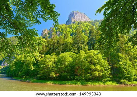 Peak of the Sokolica mountain in Pieniny, Poland. National border. View from Slovakia.